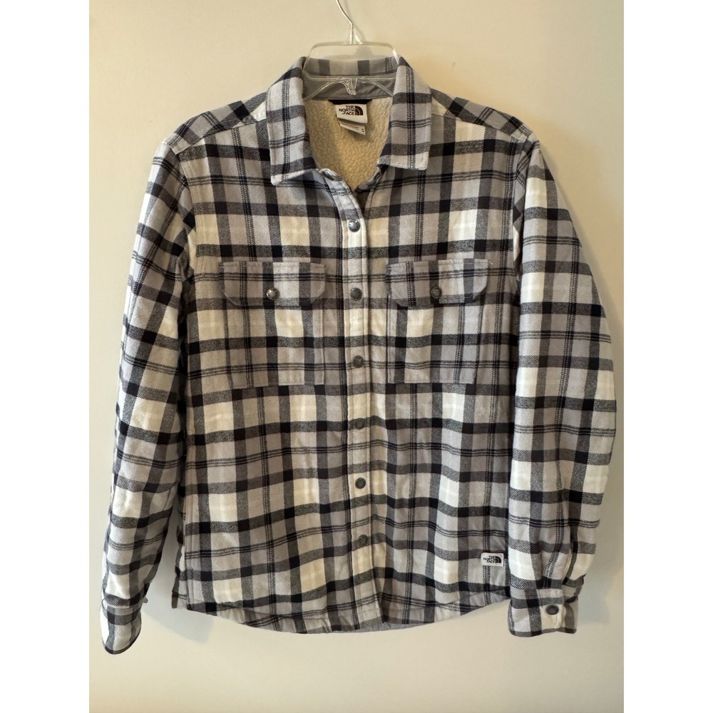The North Face Womens Sherpa Lined Flannel Shirt Jacket Plaid Black Grey Medium